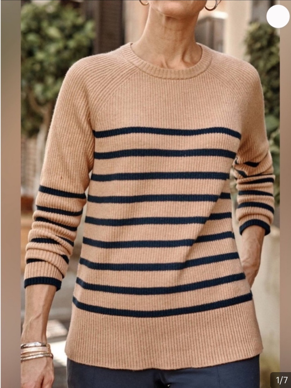 J Jill Crewneck Sweater Tan Camel navy Striped Ribbed Women’s size L